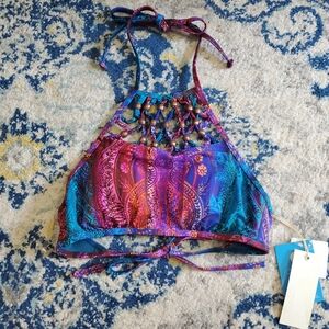 Eco Peace Prism Beaded High Neck Bikini Top Multicolor Floral Paisley S